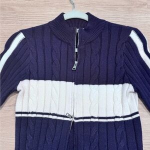 Cropped Navy and White Cable Knit Zip-Up Sweater